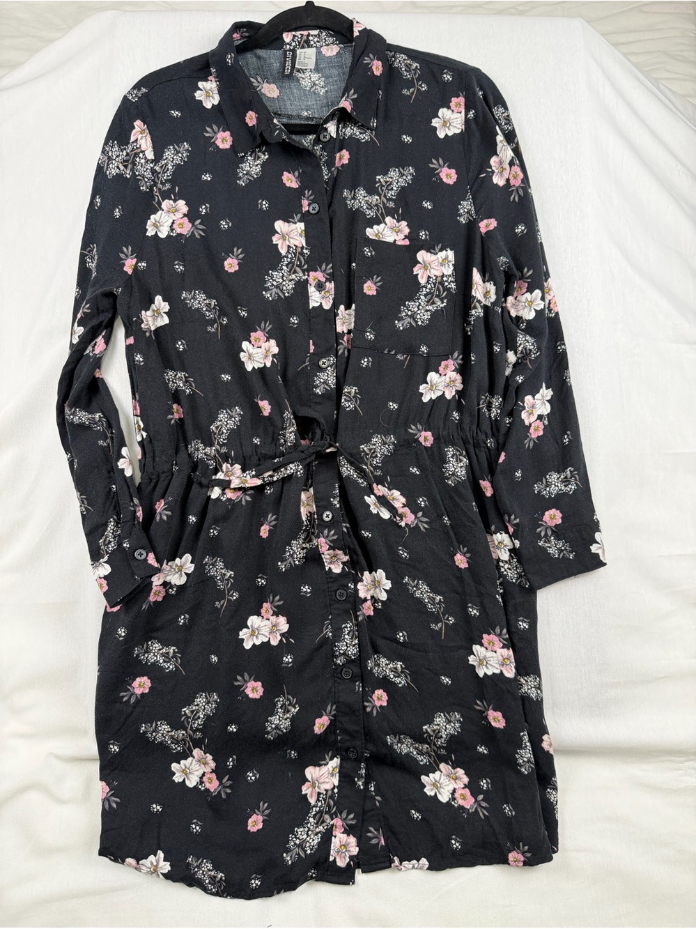 H&M Divided‎ Floral Viscose Shirt Dress Womens 14 Black Boho Cottagecore